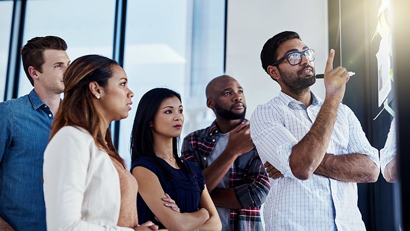 Business, people and conversation with glass in office, campaign